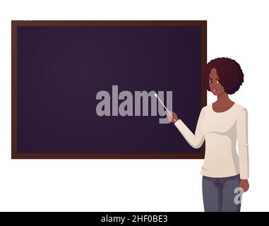 Femme afro-américaine pointant sur le tableau noir, Illustration concept pour enseignant d'école, Presentation Vector Illustration de Vecteur