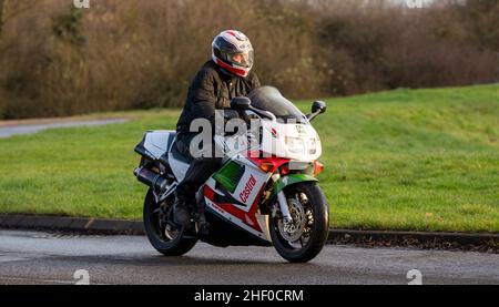 Homme sur Honda VFR Castrol moto Banque D'Images