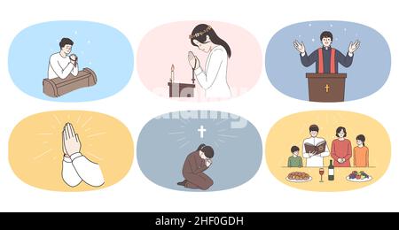Ensemble de personnes religieuses prient à Dieu se sentent superstitititieux croient en des pouvoirs élevés.Collection d'hommes et de femmes prières ou croyants montrent la foi.Concept de religion et de superstition.Illustration vectorielle. Illustration de Vecteur