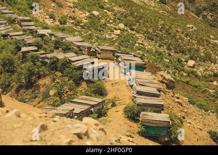 Maisons d'abeilles en bois dans les Highlands de Gilgit Bertistan parmi vue spectaculaire sur la montagne, Pakistan Banque D'Images