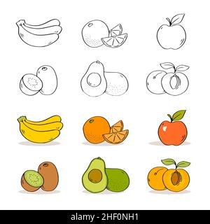 Ensemble de fruits sur fond blanc.Bananes, kiwi, avocat, orange, pomme et abricot.Illustration vectorielle isolée colorante dessinée à la main Illustration de Vecteur