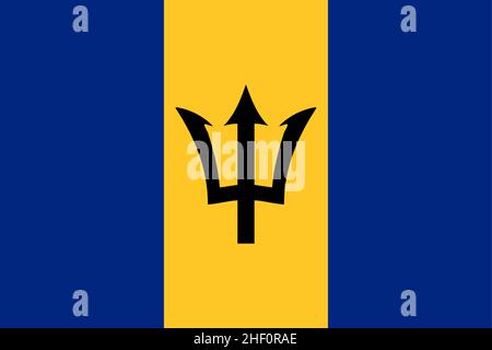 Drapeau national Barbade, tribande verticale d'outremer et d'or avec la tête de trident noire centrée sur la bande d'or, Broken Trident Illustration de Vecteur