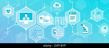 La santé numérique, les soins de santé innovants et la technologie : des icônes médicales qui se connectent Illustration de Vecteur