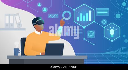 Homme d'affaires assis au bureau et travaillant, il interagit avec les interfaces en réalité virtuelle et vérifie les diagrammes financiers Illustration de Vecteur