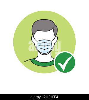 homme avec un masque facial et une coche verte contre le coronavirus covid19 covid 19 simple vecteur d'illustration de couleur isolé sur fond blanc Illustration de Vecteur