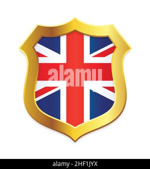forme de bouclier avec bord d'or avec royaume-uni royaume-uni grande-bretagne drapeau angleterre vecteur isolé sur fond blanc Illustration de Vecteur