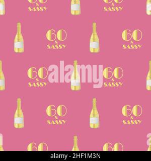 60 et motif vectoriel d'anniversaire sans coutures avec bouteilles et verres de champagne dessinés à la main.Fond doré et rose vif.Boissons gazeuses et 1920s polices Illustration de Vecteur