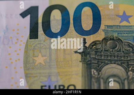 Photo macro d'une note de 100 euros Banque D'Images