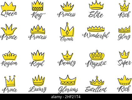 Logos de couronne royale Doodle, couronnes de roi et de reine dessinées à la main.Dessinez le prince et le tiara de princesse avec des pierres précieuses, un ensemble de luxe de dessin de diadem.Accessoire doré élégant pour une collection de royalties isolées Illustration de Vecteur