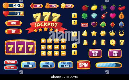 Ressources d'interface utilisateur de jeu d'application mobile de machine à sous de casino de dessin animé.Jeux de hasard design éléments d'interface, icônes, boutons, barre de progression ensemble de vecteurs.La rotation en ligne, le divertissement mobile Illustration de Vecteur
