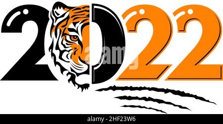 2022 année de tigre, dessin visage de tigre lignes noires, orange et blanches, marques de griffe déchiquetées et numéros 2022 pour affiche, brochure, bannière, carte d'invitation Illustration de Vecteur