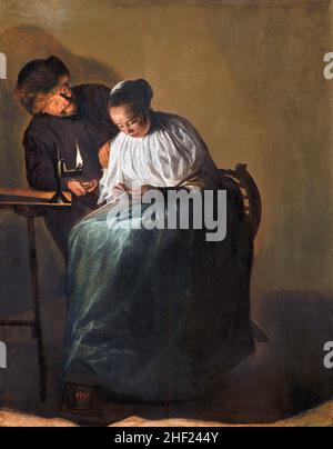 Homme offrant de l'argent à une jeune femme par la peintre néerlandaise de l'âge d'or, Judith Leyster (également Leijster; 1609-1660), huile sur panneau, 1631 Banque D'Images