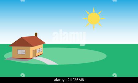 Maison sur un champ ouvert avec le ciel et le soleil - Illustration vectorielle Illustration de Vecteur