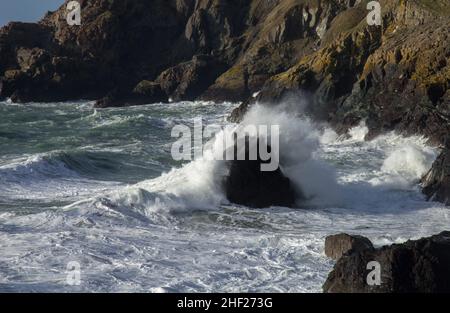 Vagues hivernales à marée haute qui se brisent au-dessus des roches de Kynance Cove, sur la péninsule de Lizard, à Cornwall, au Royaume-Uni. Banque D'Images