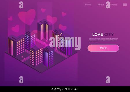 Ville d'amour - illustration isométrique néon.Conception pour site Web, application.Style isométrique moderne.Concept d'amour, Saint Valentin Illustration de Vecteur