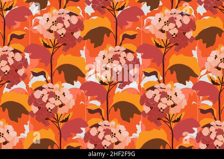 Motif fleuri vectoriel sans coutures.Fleurs aux brindilles et feuilles aux tons rouge et orange sur fond blanc. Illustration de Vecteur