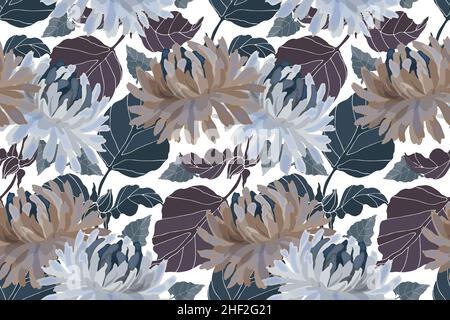 Motif fleuri vectoriel sans coutures.Fleurs de chrysanthème avec des brindilles et des feuilles vertes et brunes sur un blanc. Illustration de Vecteur