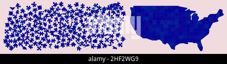 Carte des Etats-Unis composée de différentes nuances bleu - couleur nationale - pièces de puzzle, 204 blocs dispersés et version finie Illustration de Vecteur