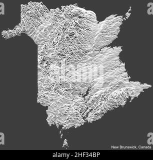 Carte topographique de relief négatif du territoire canadien du NOUVEAU-BRUNSWICK, CANADA avec lignes de contour blanches sur fond gris foncé Illustration de Vecteur