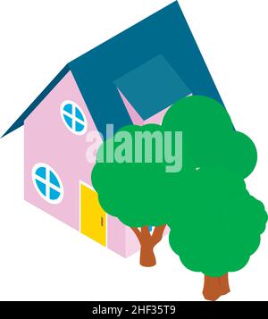 Vecteur isométrique de l'icône d'hôtel.Petit magnifique bâtiment de deux étages avec arbre vert.Bâtiment résidentiel rose, maison d'hôtes Illustration de Vecteur