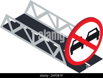 Pas de dépassement du vecteur isométrique de l'icône.Pont routier et panneau routier d'interdiction.Pont, passage supérieur, signalisation routière, réglementation routière Illustration de Vecteur