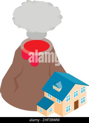 Vecteur isométrique d'icône d'éruption volcanique.Bâtiment au pied d'un volcan actif.Catastrophe naturelle géologique, phénomène sismique Illustration de Vecteur