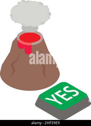 Vecteur isométrique d'icône d'éruption volcanique.Volcan avec nuage de cendres et bouton oui.Volcan actif, catastrophe naturelle géologique, phénomène sismique Illustration de Vecteur