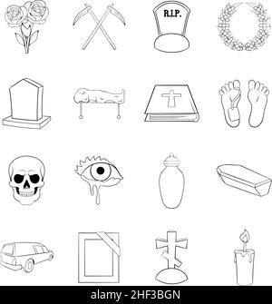 Icônes funéraires définies dans le style de contour isolé sur fond blanc Illustration de Vecteur
