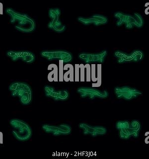 Ensemble d'icônes de lézard.Illustration de 16 icônes vectorielles de lézard couleur néon sur noir Illustration de Vecteur