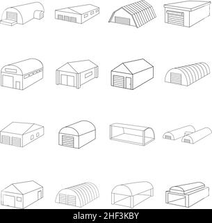 Différents hangars définissent des icônes en style de contour isolé sur fond blanc Illustration de Vecteur