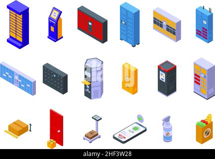 Les icônes de livraison de colis en libre-service définissent un vecteur isométrique.Casier automatique.Station de colis Illustration de Vecteur