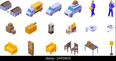 Les icônes de services de maison mobile définissent un vecteur isométrique.Boîte d'entrepôt.Déplacement de la cargaison Illustration de Vecteur