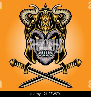 Viking Skull Warrior avec Sword Vector illustrations pour votre travail logo, t-shirt de mascotte, autocollants et étiquettes, affiche, carte de vœux Illustration de Vecteur