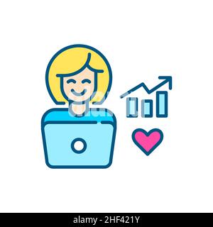 Femme travaillant sur un ordinateur portable.Gestionnaire de contenu SMM ou blogueur créant des stratégies de croissance.Icône de couleur de contour pixel Perfect, modifiable Illustration de Vecteur