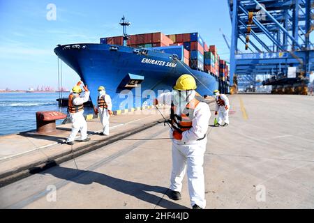 QINGDAO, CHINE - le 14 JANVIER 2022 - les Dockers attendent de fixer les câbles et de désinfecter les câbles aux navires de fret au quai entièrement automatisé du port de Qianwan Banque D'Images