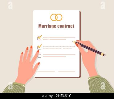 Contrat de mariage.La femme signe le document d'accord prénuptial.Certificat de mariage de Prenup.Couple divorce concept.Vue de haut en bas.Illustration vectorielle Illustration de Vecteur