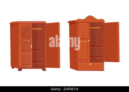 Ensemble garde-robe en bois mobilier vide avec étagère dans le style de dessin animé isolé sur fond blanc.Placard, objet intérieur de tiroir.Illustration vectorielle Illustration de Vecteur