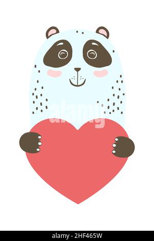 Mignon dessin animé panda ours animal tient un coeur signe avec l'espace de copie. Mettre la carte de voeux de Saint Valentin bannière invitation brochure circulaire. Dessin animé main dr Illustration de Vecteur