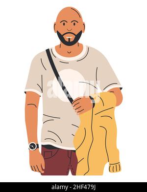 Jeune homme bald avec barbe et veste à la main. Illustration de Vecteur