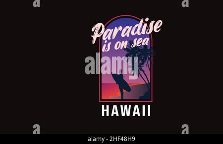 paradies est sur la mer hawaii homme tenant surf sur plage monogramme texte vecteur modèle Illustration de Vecteur