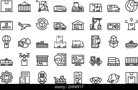 Les icônes de trafic de fret définissent le vecteur de contour.Marchandises de train.Chargement de voiture Illustration de Vecteur