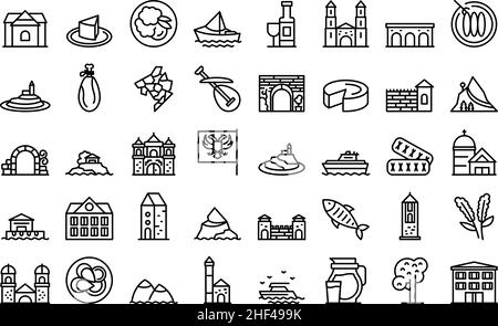 Les icônes du Monténégro définissent le vecteur de contour.Région du pays.Bâtiment Atlas Illustration de Vecteur