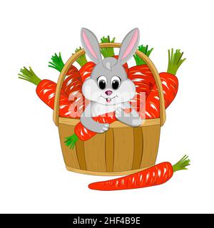 Le lapin de Pâques est assis dans un panier rempli de carottes. Banque D'Images