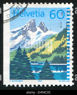 SUISSE - VERS 1993: Timbre imprimé par la Suisse, montre la montagne, vers 1993. Banque D'Images