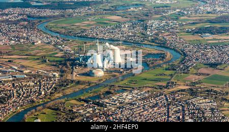 Antenne de la centrale de Grosskrotzenburg, rivière main, Allemagne, Hesse Banque D'Images