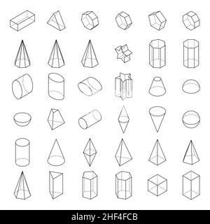 Ensemble de 3D formes géométriques.Formes isométriques de base.Objets linéaires pour les mathématiques, l'école et les sciences.Illustration vectorielle isolée sur fond blanc. Illustration de Vecteur