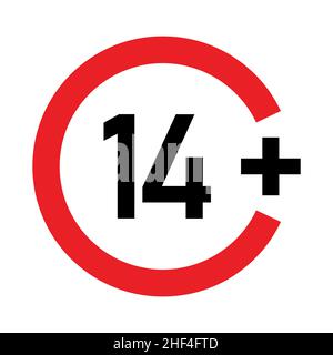 14 signe plus.Quatorze.Pour adultes uniquement.Restrictions d'âge, censure, contrôle parental.Icône pour le contenu, les films et les jouets. Illustration de Vecteur