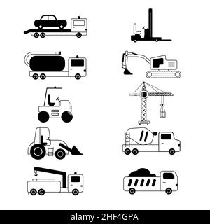 Ensemble de véhicules spéciaux.Style simple noir et blanc. Illustration de Vecteur