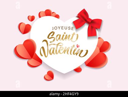 Lettrage français Joyeuse Saint Valentin - carte élégante de la Saint Valentin heureux.Saint-Valentin calligraphie dorée avec coeurs en papier à l'origami rouge Illustration de Vecteur