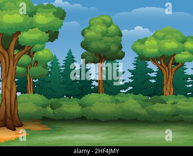 Dessin animé avec vue sur les arbres dans une forêt Illustration de Vecteur